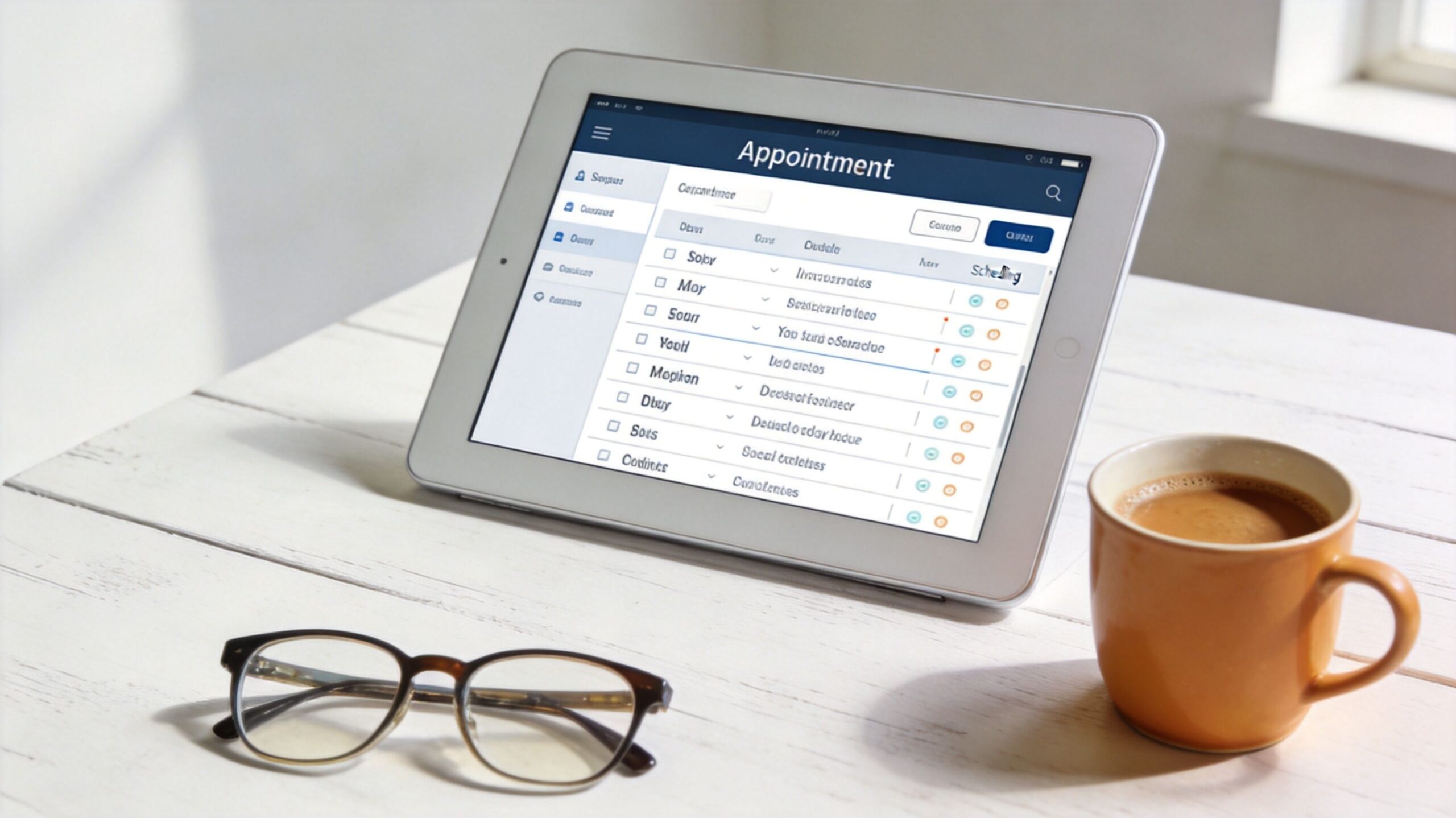 A digital tablet showing an appointment scheduling application resting on a white table next to glasses and coffee.