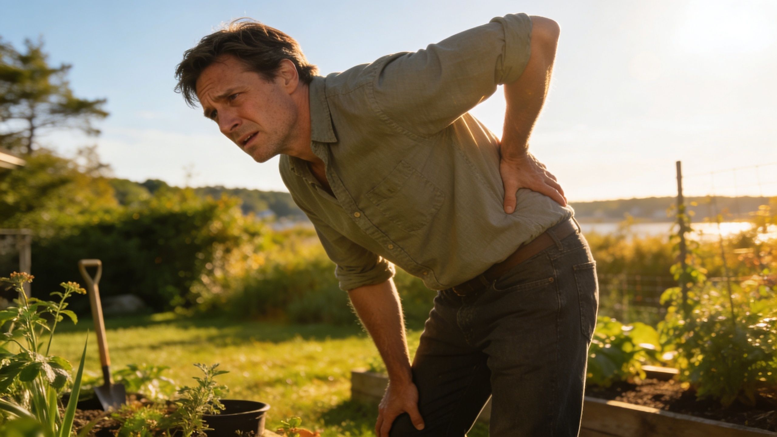 A man in a garden experiencing sharp back pain while gardening in the afternoon sun.