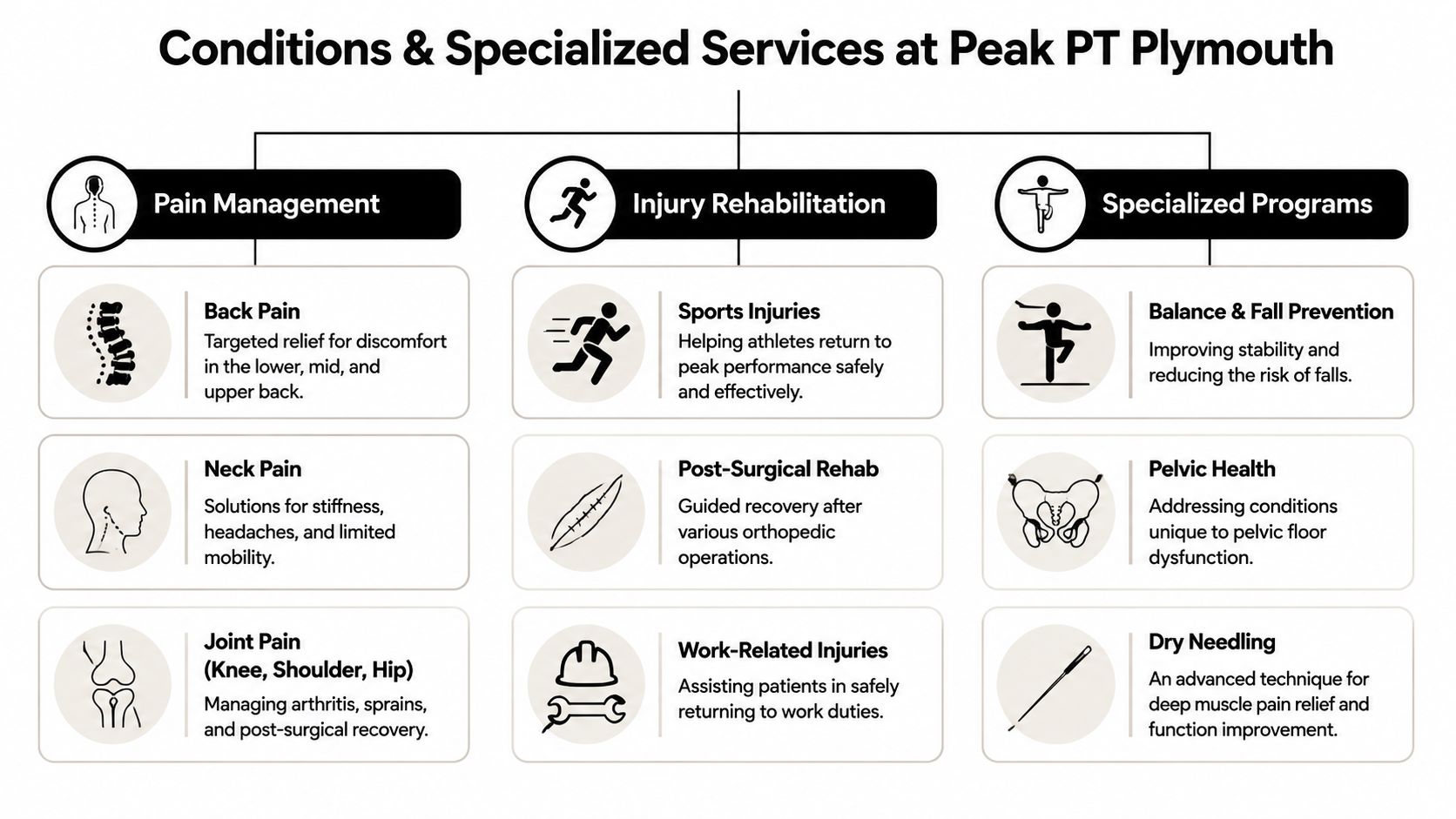 A diagram outlining the conditions and specialized services available at Peak PT in Plymouth, Massachusetts.