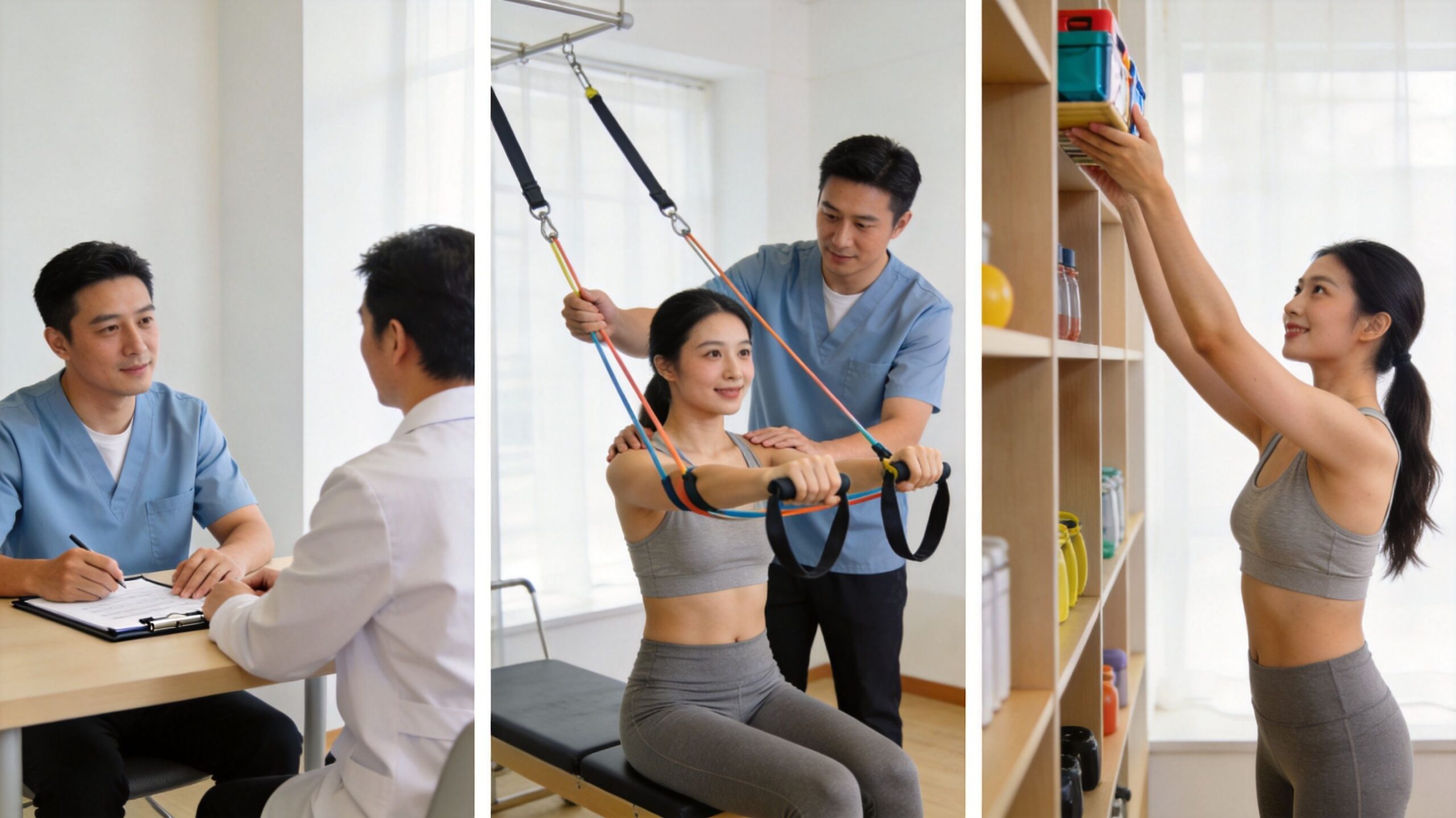 A male physical therapist consults with a patient and guides her through corrective exercises in a clinic.