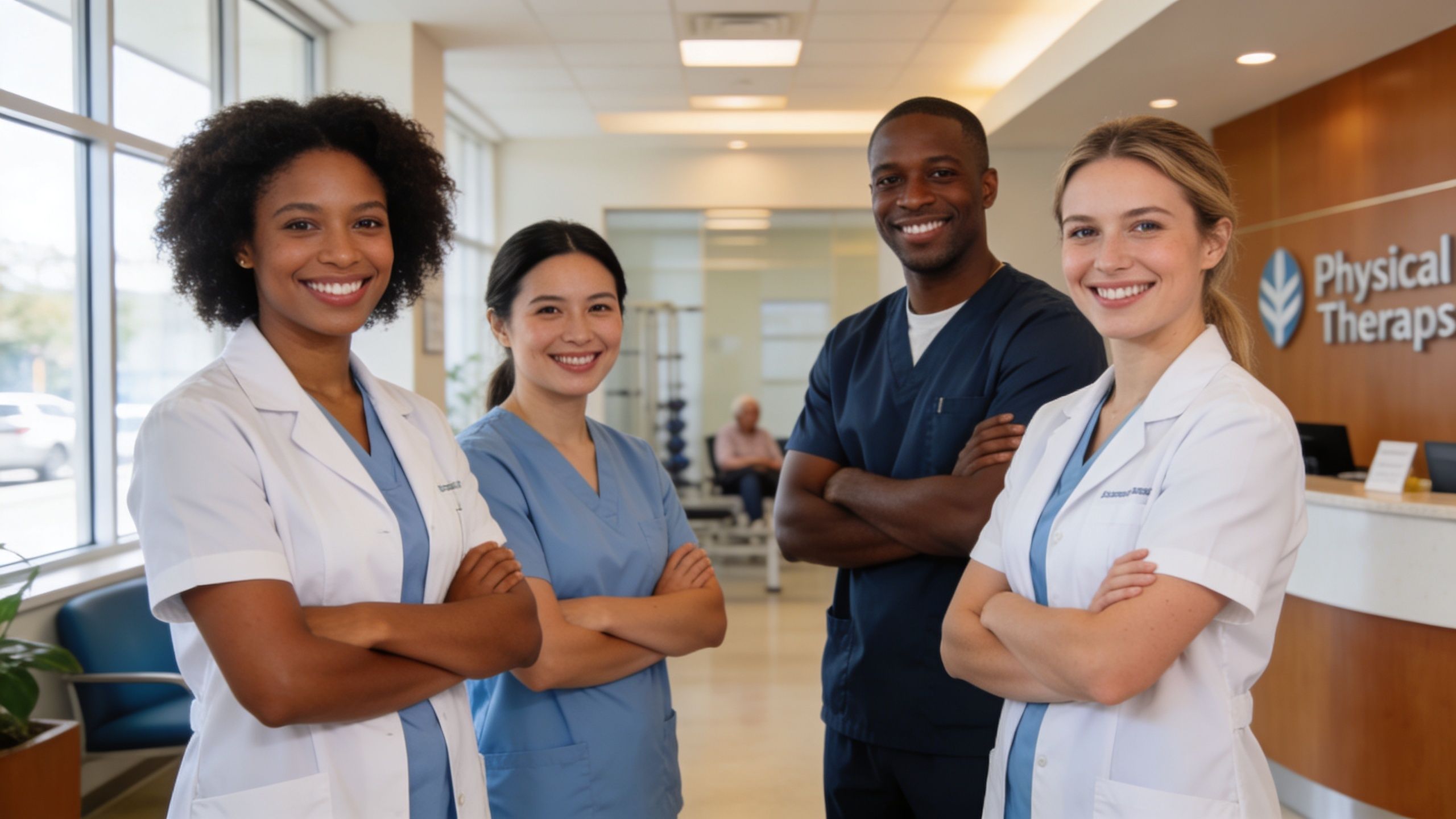 A diverse group of four physical therapy professionals standing together and smiling in a clinic lobby.