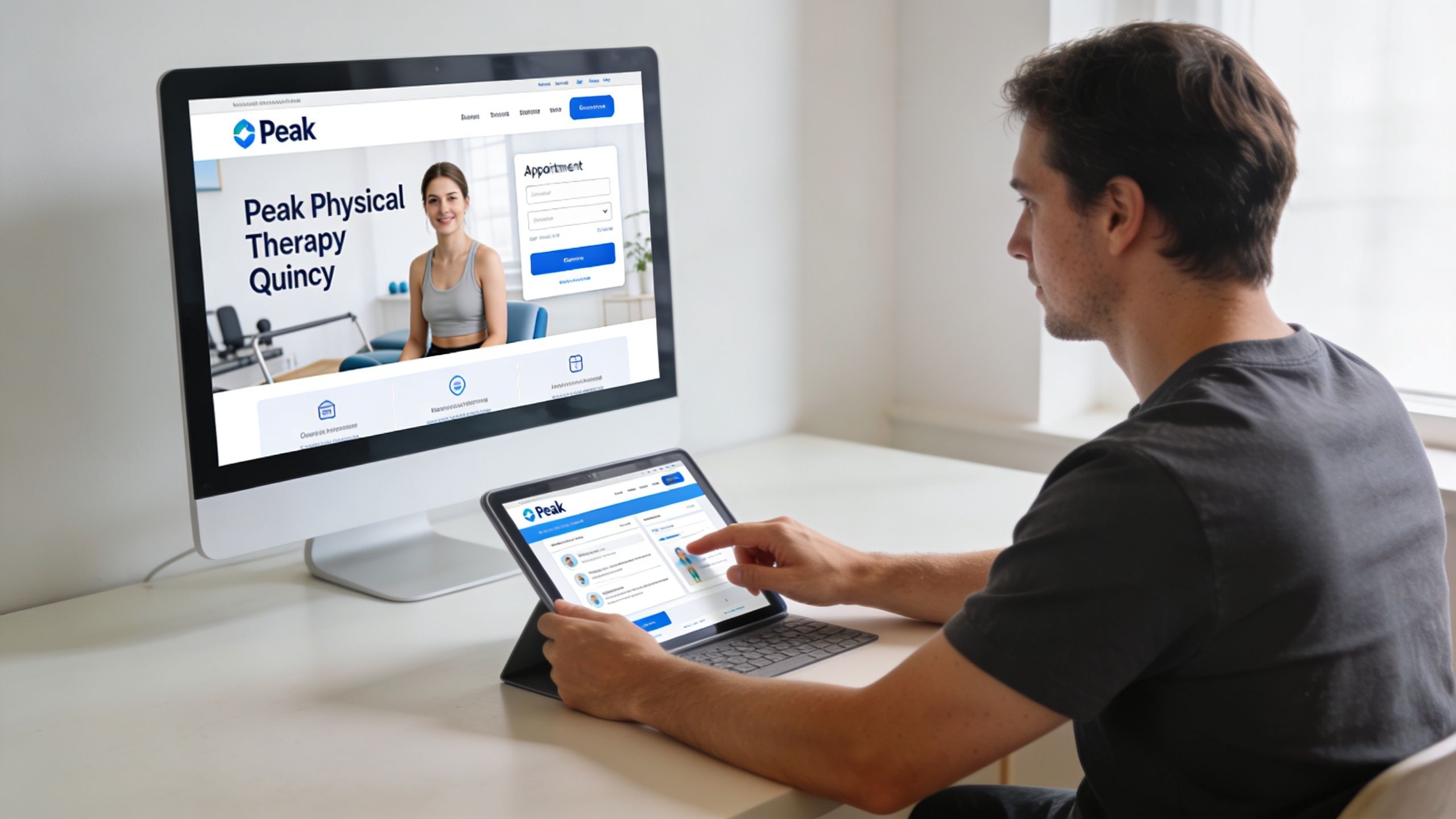 A man using a tablet to view a physical therapy website while sitting at his desk.
