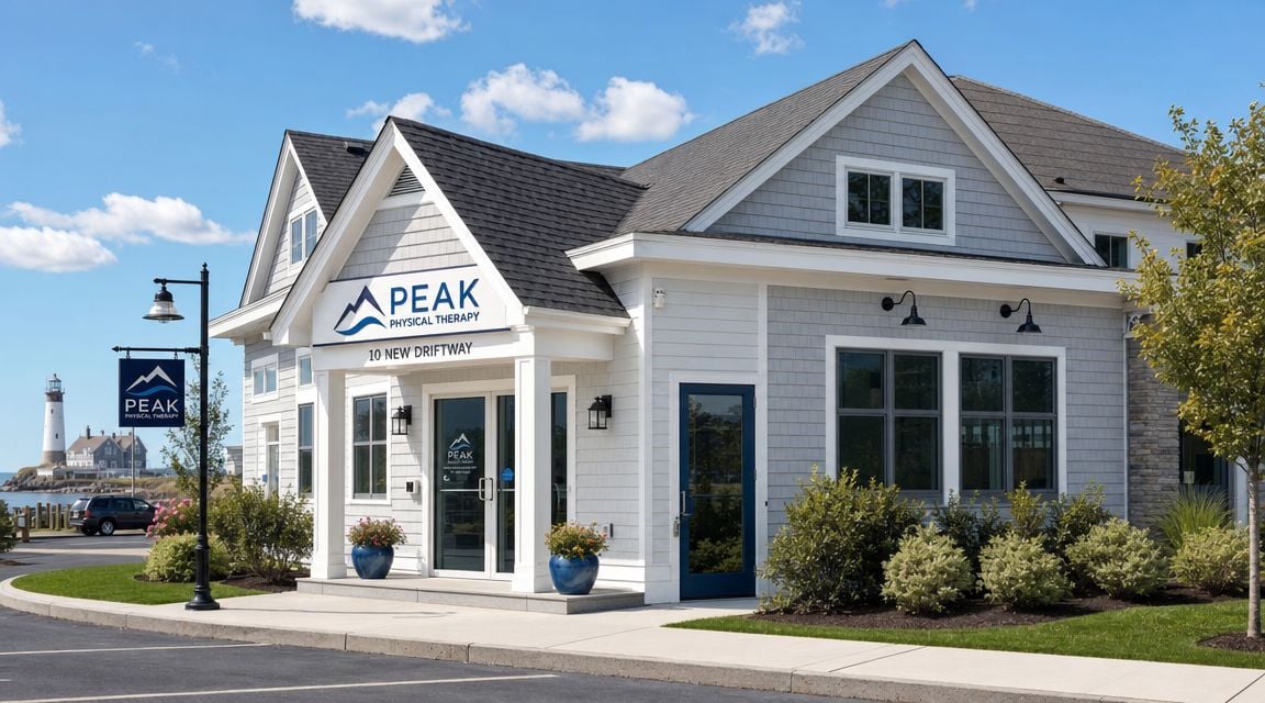 The exterior of the Peak Physical Therapy building in Scituate, Massachusetts, featuring a lighthouse in the background.