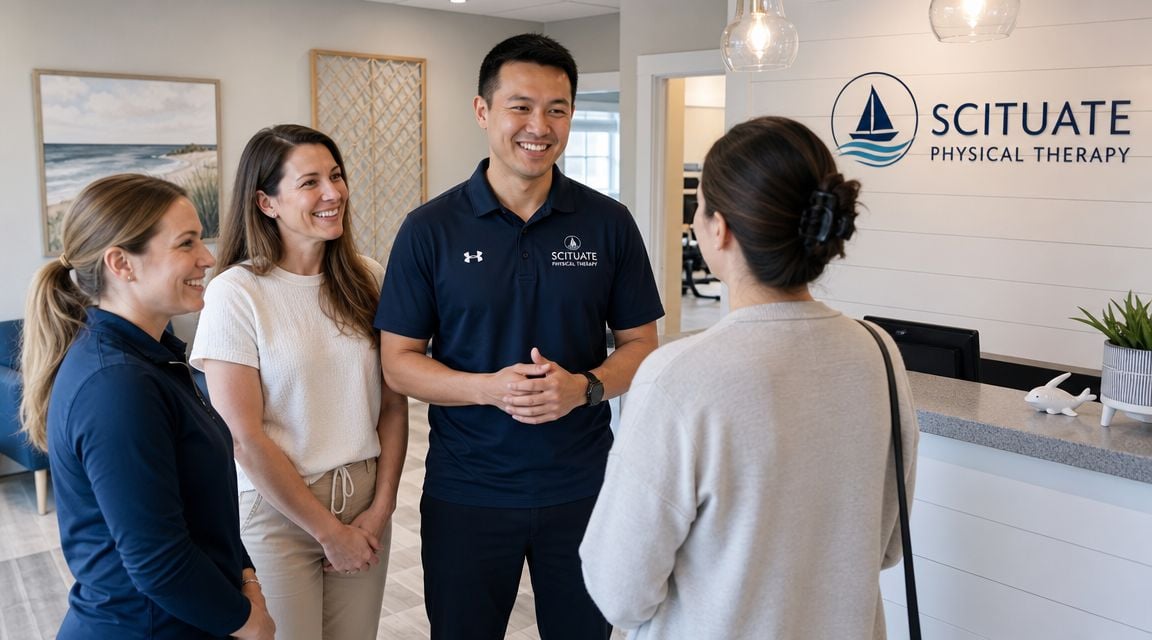 A friendly physical therapist talking with patients at the welcoming front desk of a physical therapy clinic.