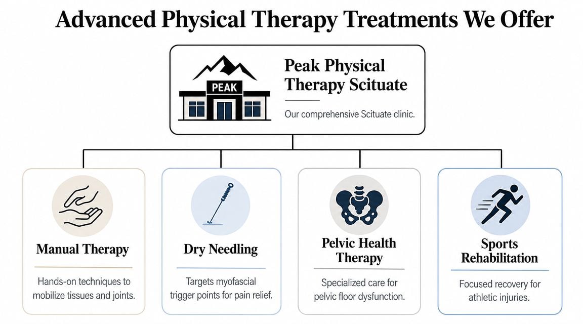 A diagram outlining the advanced physical therapy treatment options provided by Peak Physical Therapy in Scituate.