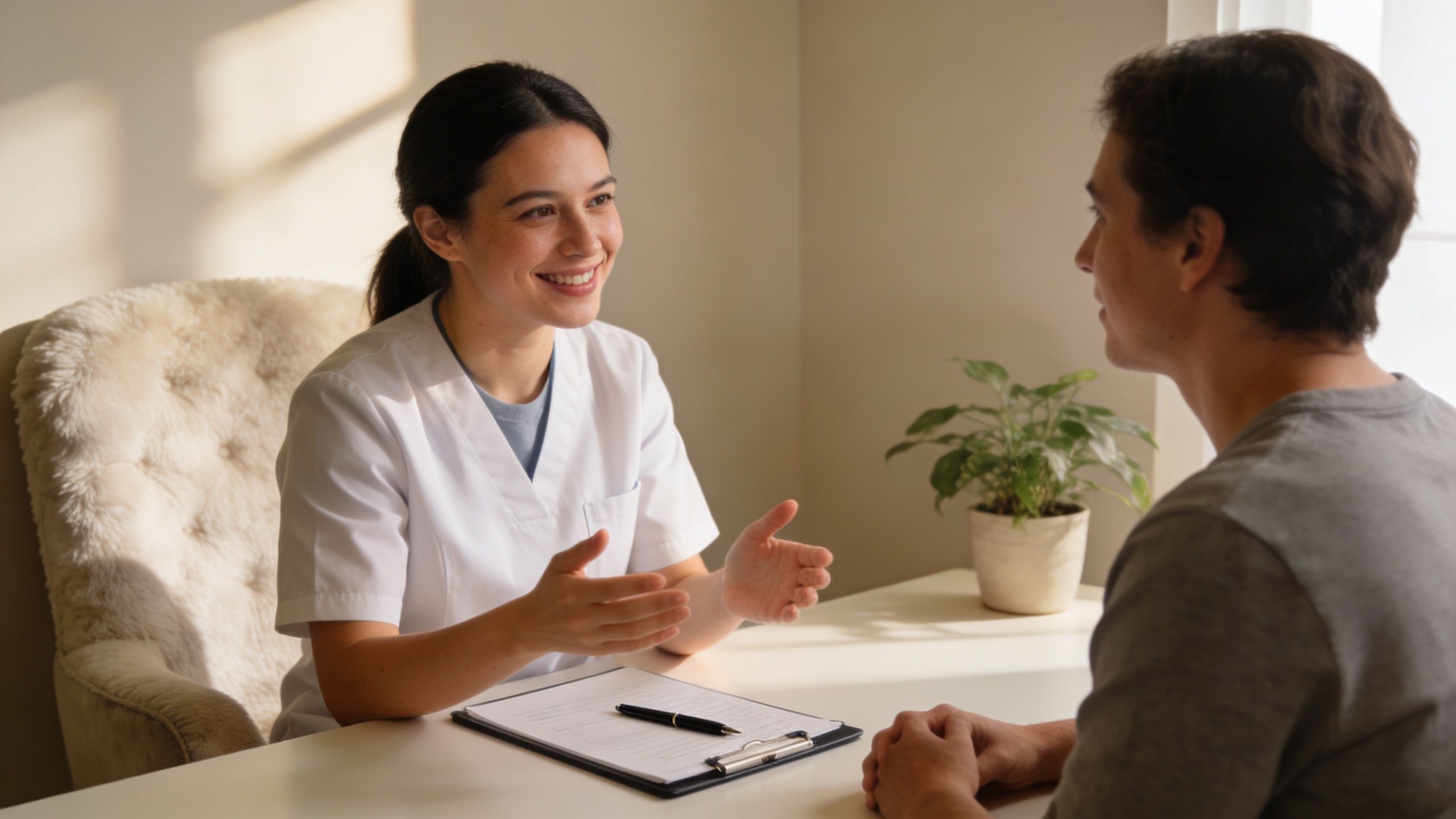 A friendly female healthcare professional consulting with a patient during a medical appointment in a bright office.