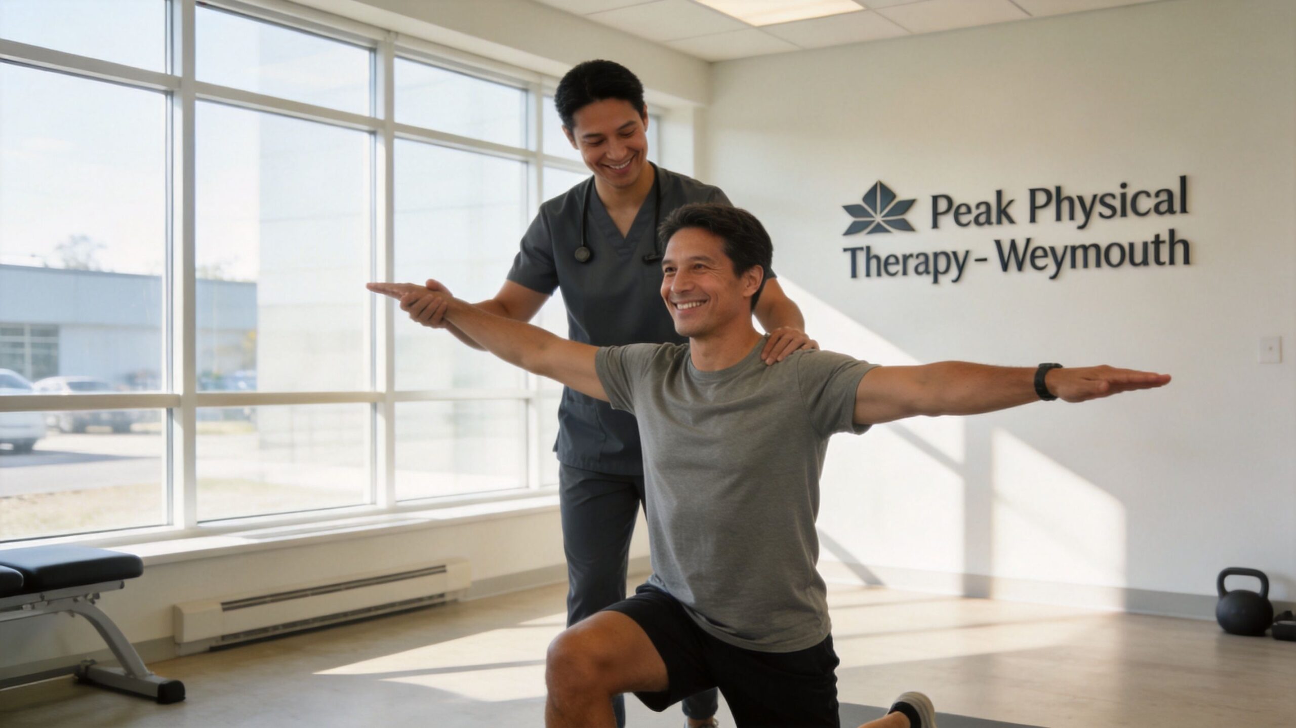A physical therapist guiding a patient through an arm stretching exercise at Peak Physical Therapy Weymouth.