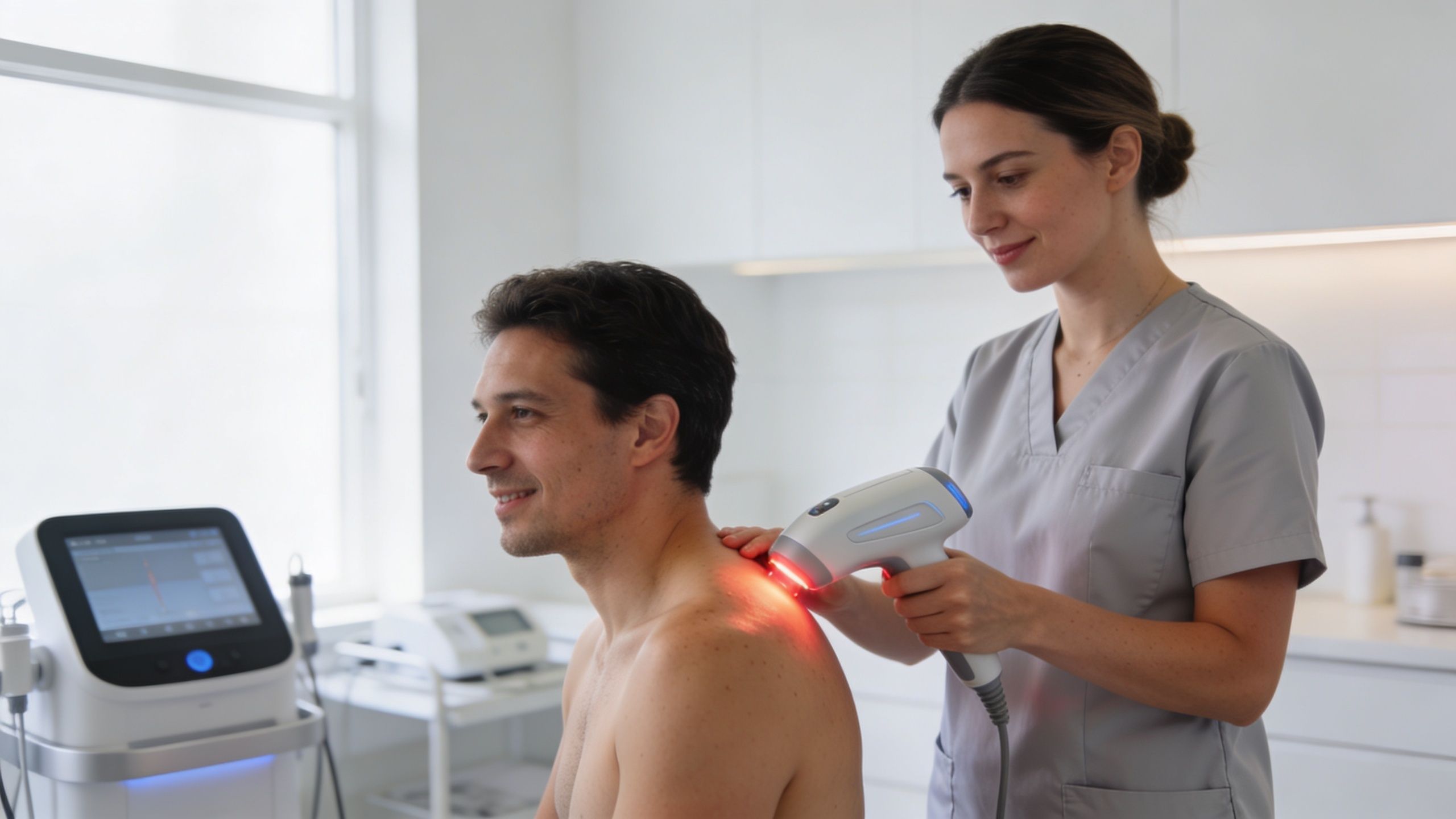 A professional therapist uses a laser therapy device on a patient's shoulder in a clinical office setting.