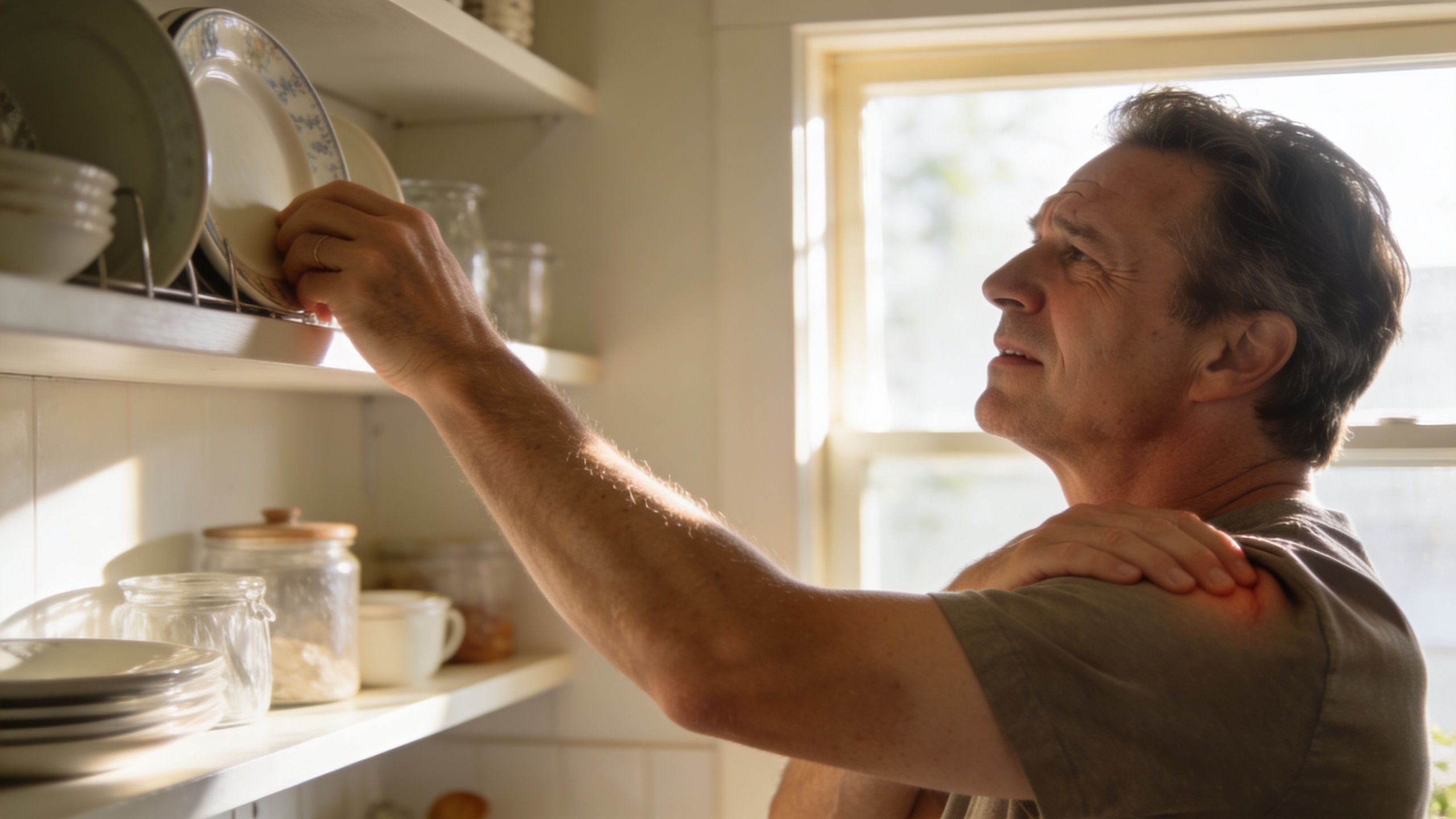 A middle-aged man feeling pain in his shoulder while reaching for a dish on a high shelf.