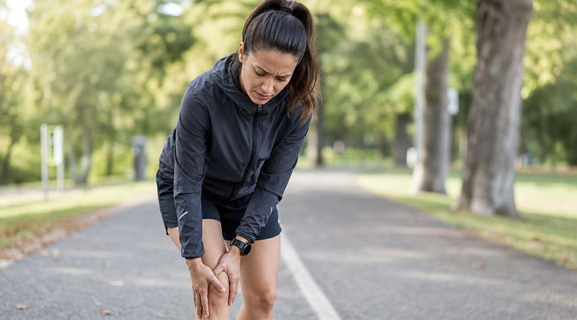 A female runner in athletic gear holding her injured knee while exercising on a park trail.