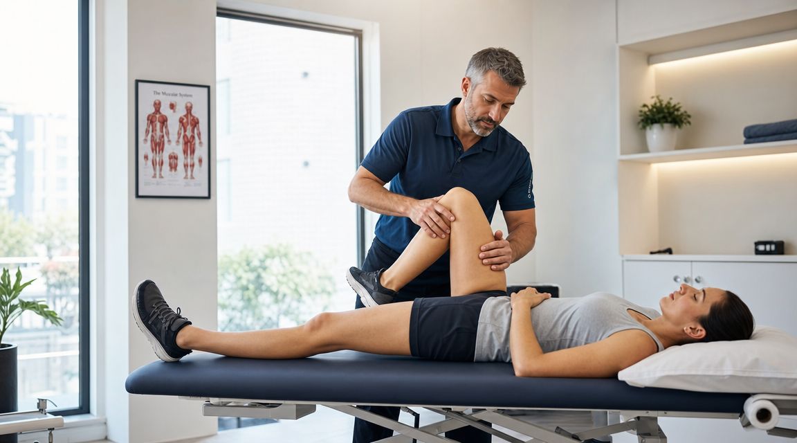 A professional physical therapist performing a knee stretch and assessment on a patient in a clinic.