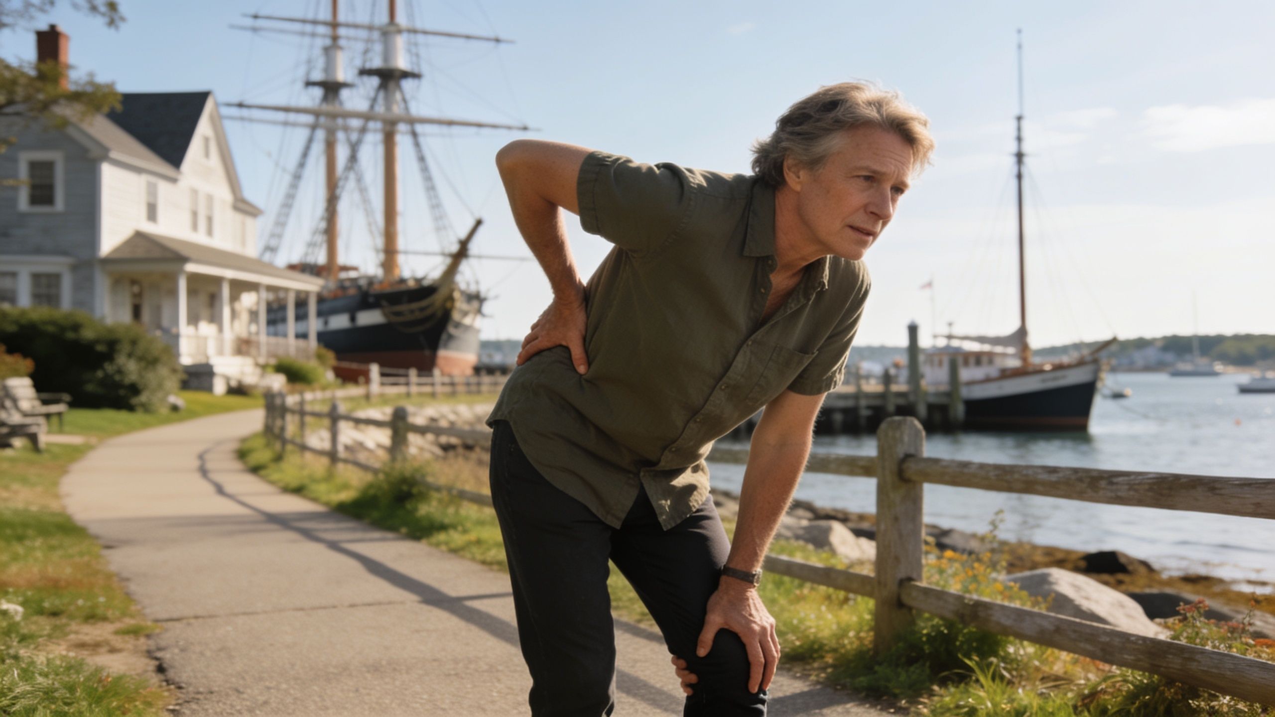 A middle-aged man standing near a harbor while clutching his lower back, experiencing back pain.