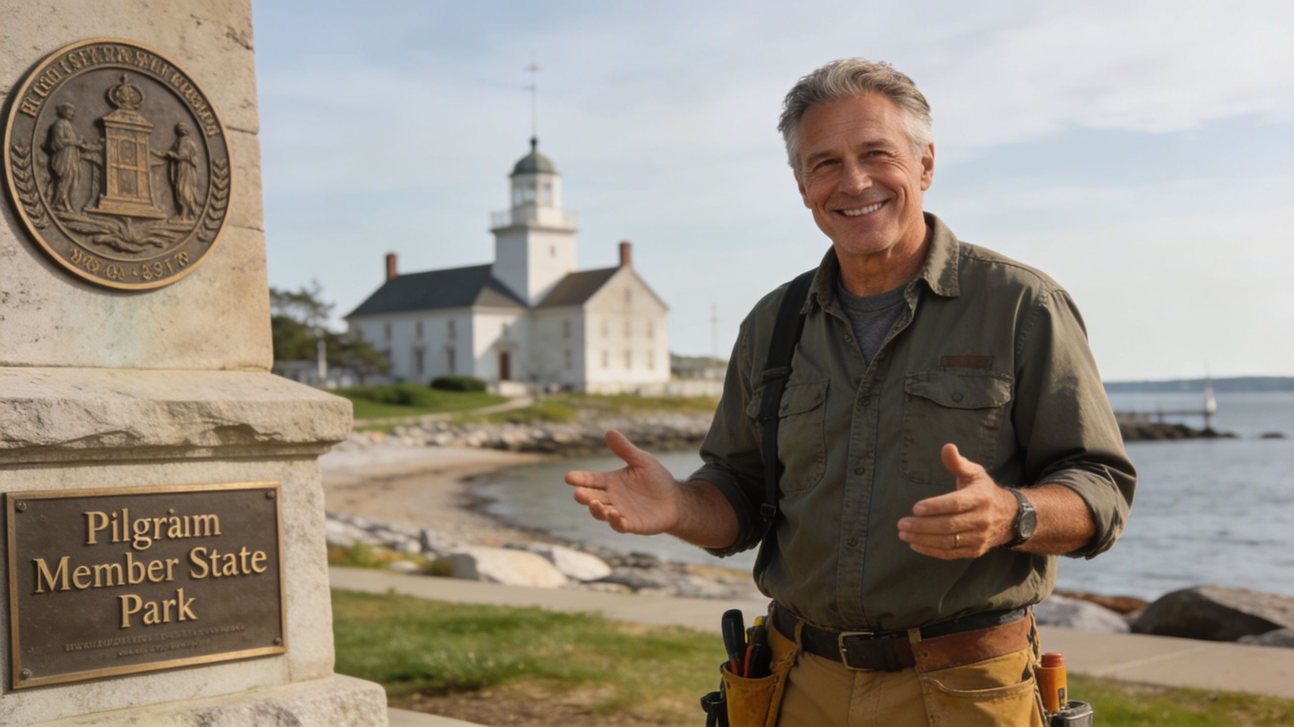 A smiling construction worker standing in front of the Pilgrim Member State Park sign and a lighthouse.