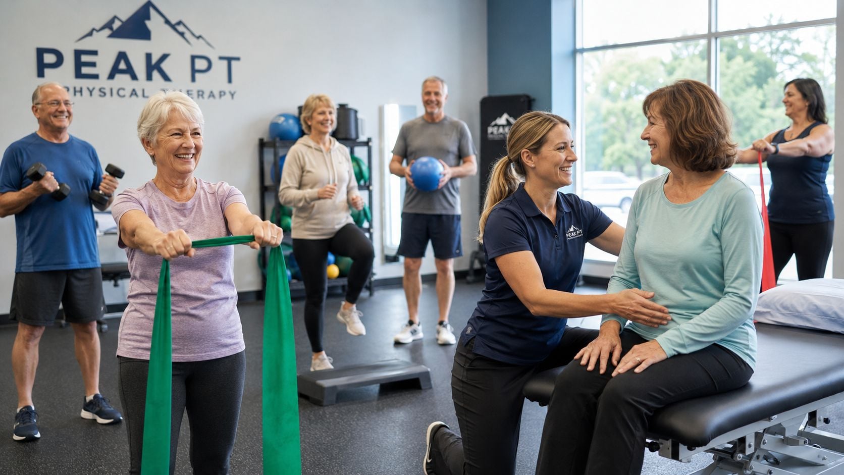A physical therapist guiding a patient on a treatment table while others perform exercises in a clinic.