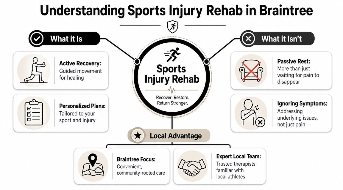 An infographic titled Understanding Sports Injury Rehab in Braintree explaining active recovery, personalized plans, and local expertise.