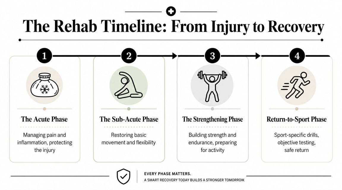 A four-step infographic illustrating the rehabilitation timeline for sports injuries from initial acute care to returning to sport.