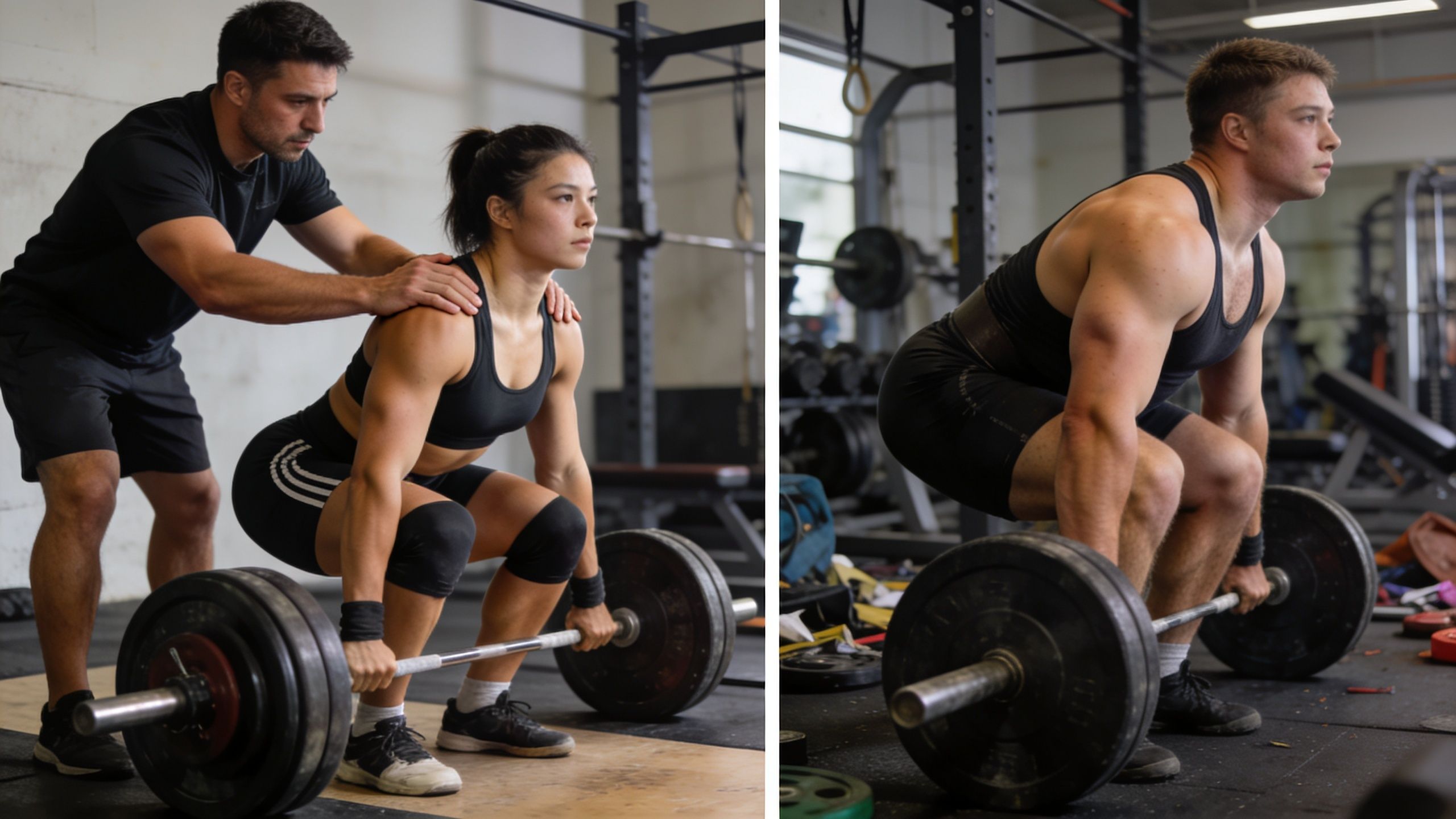 A trainer guiding a woman with a barbell lift and a man performing a heavy deadlift workout.