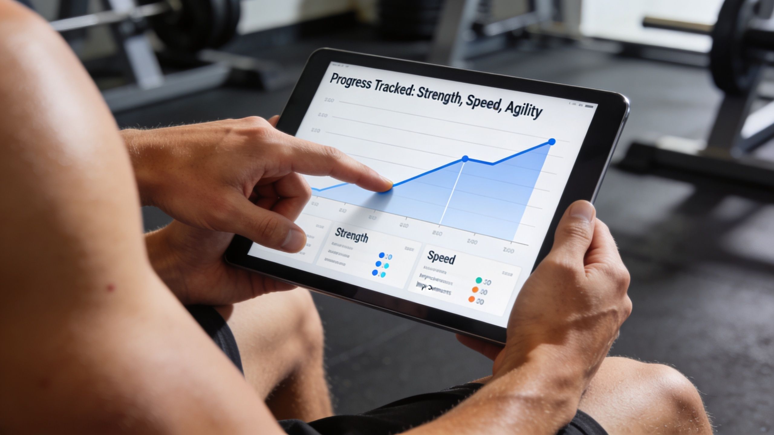 A person reviewing fitness performance analytics and progress charts on a digital tablet at a gym.