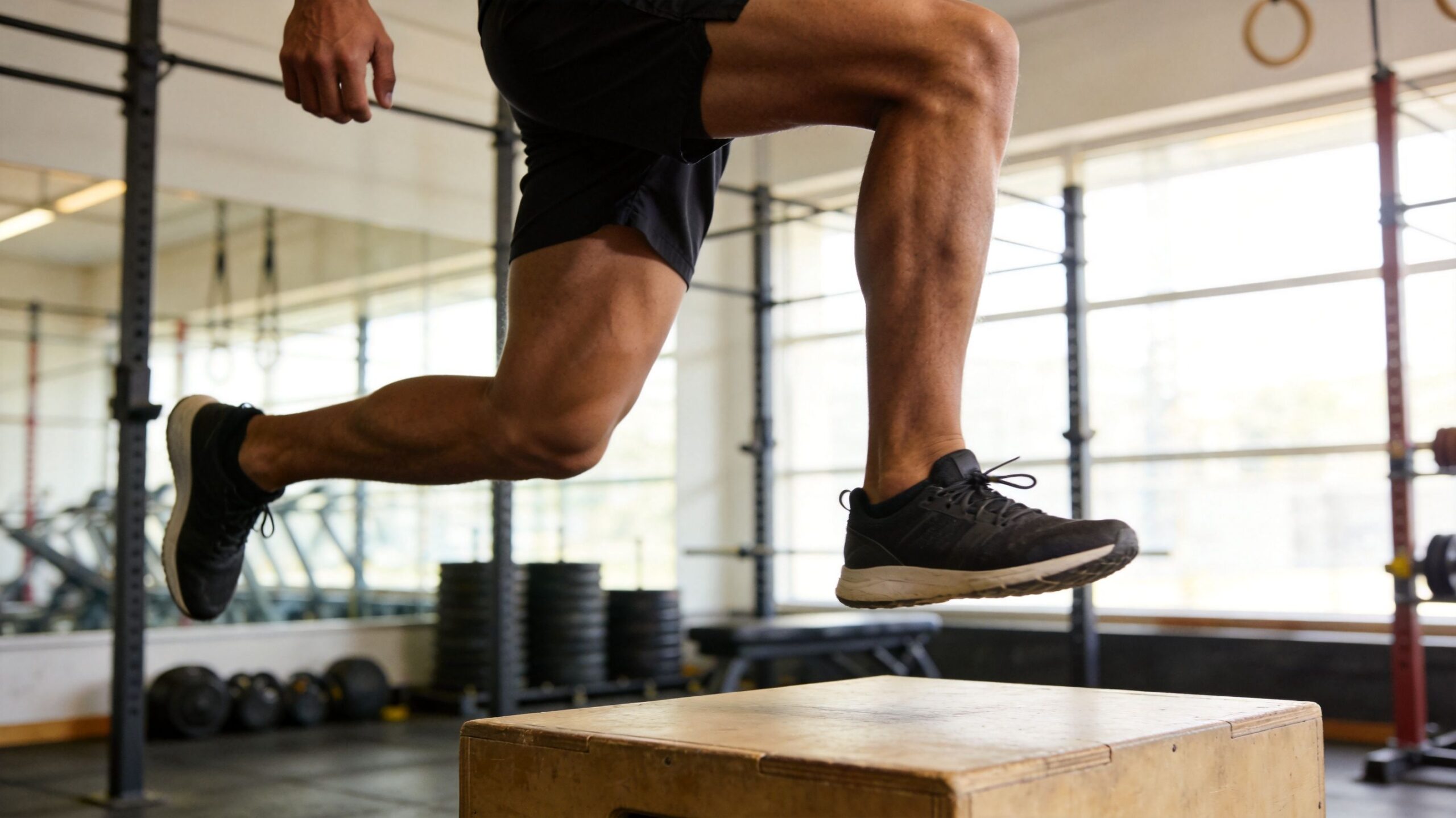 An athletic man performing an explosive box jump exercise during a gym workout session.