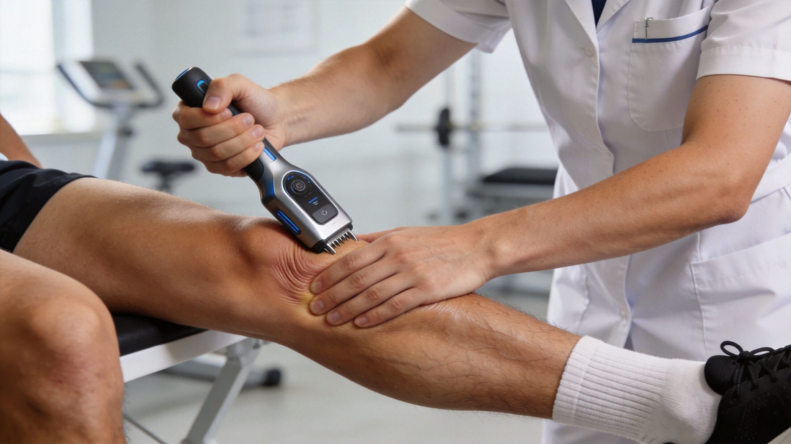 A professional physical therapist using a handheld therapeutic device on a patient's knee in a clinic.