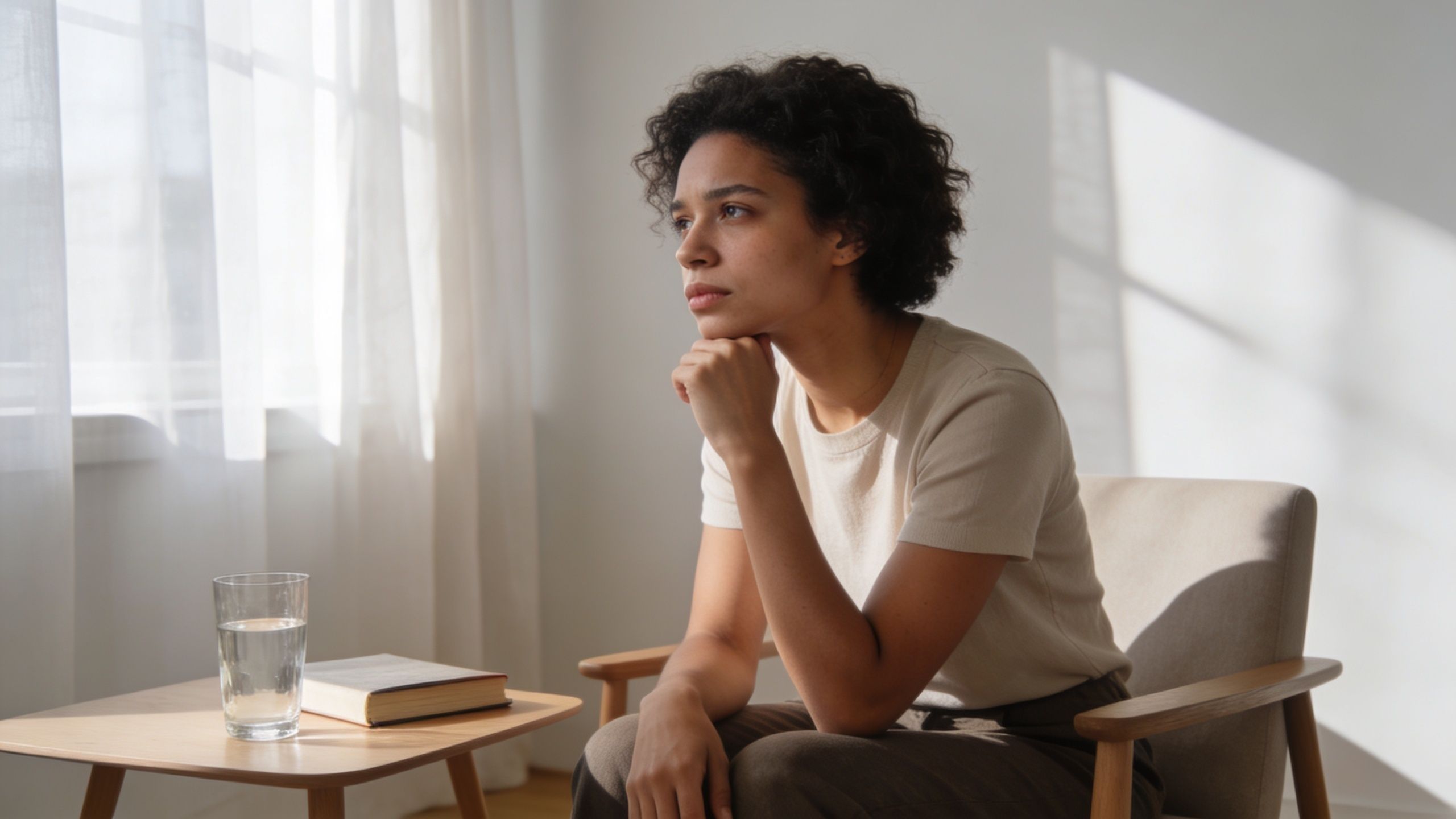 A young woman sits thoughtfully in a chair by a window, appearing pensive or possibly feeling dizzy.