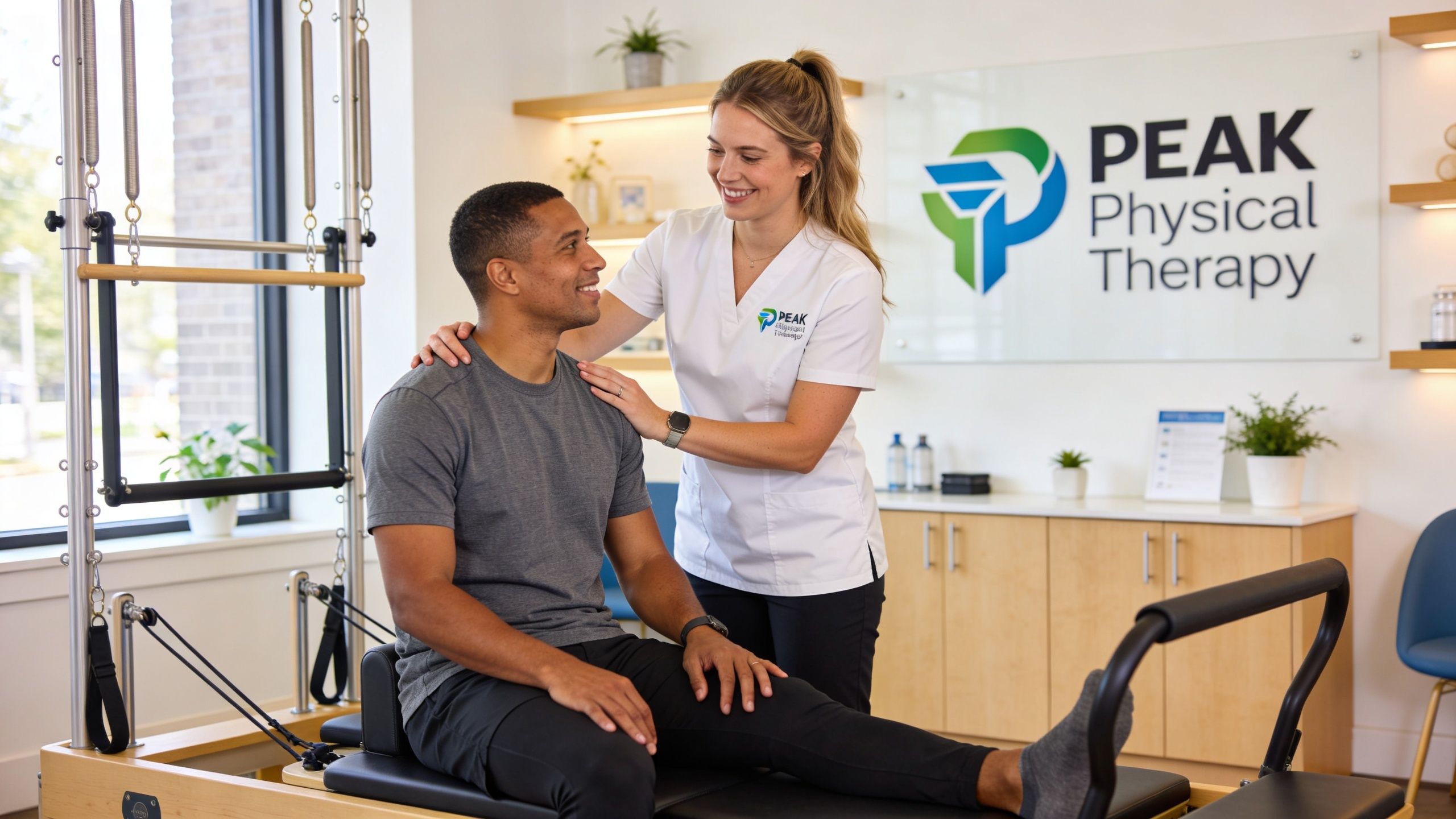 A smiling physical therapist provides guided support to a patient during a rehabilitation session at a clinic.