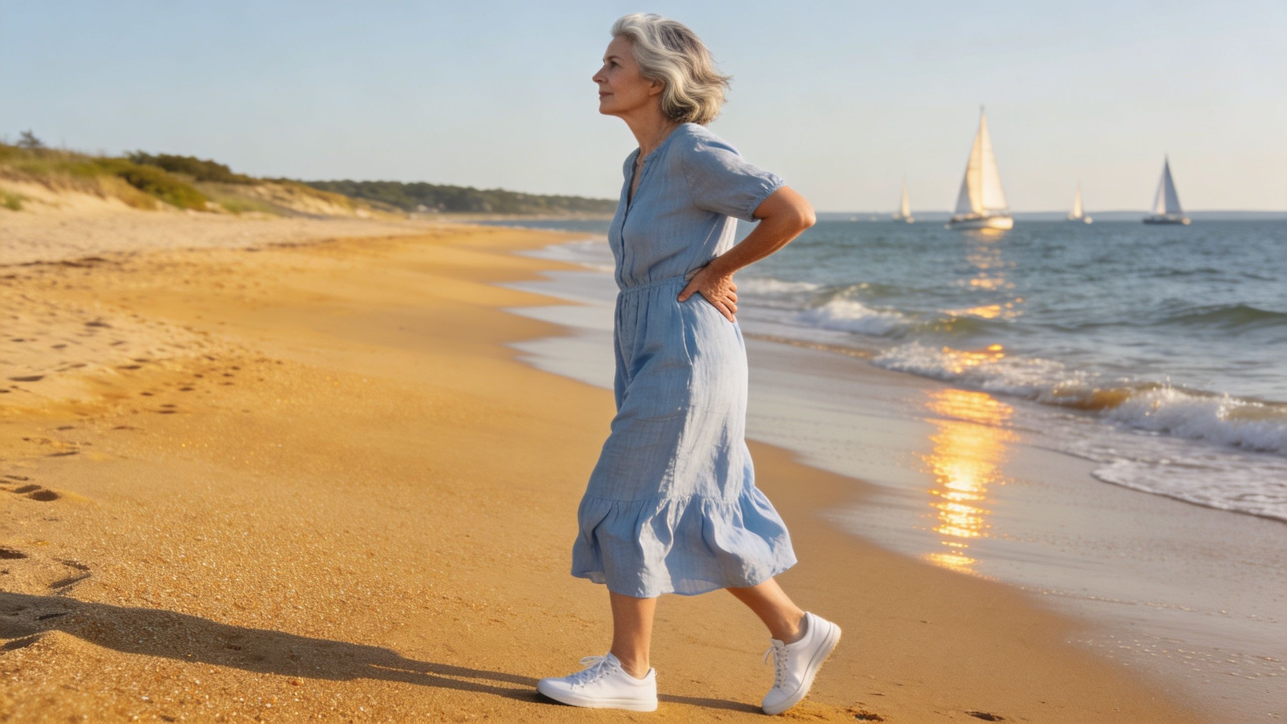 A mature woman with gray hair wearing a blue dress walks along a beach with sailboats