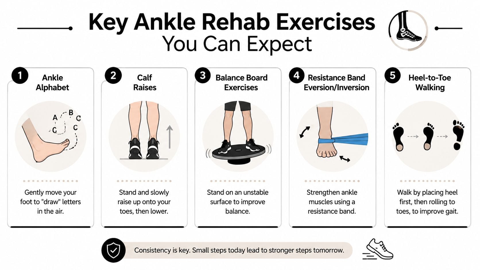 An infographic showing five key ankle rehabilitation exercises with illustrations and short instructional descriptions for recovery.