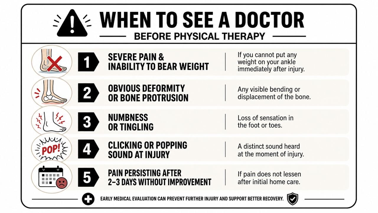 An infographic detailing five critical symptoms indicating the need for medical evaluation before starting ankle physical therapy.