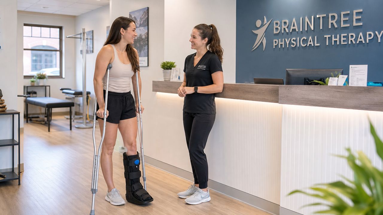 A patient with a walking boot and crutches talking to a physical therapist at a medical office front desk.