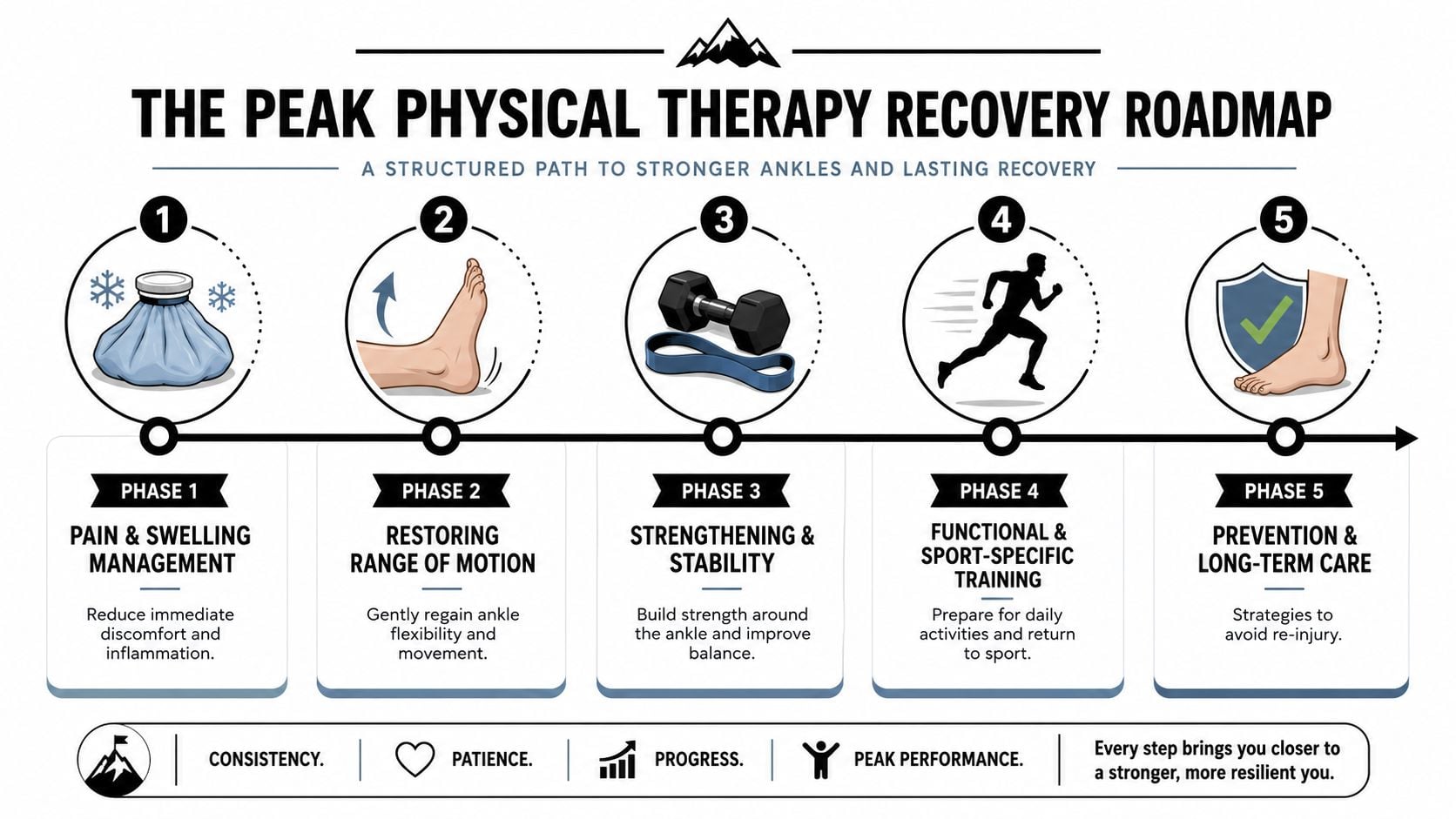 A structured five-phase recovery roadmap infographic showing the physical therapy progression for healing ankle sprains and injuries.