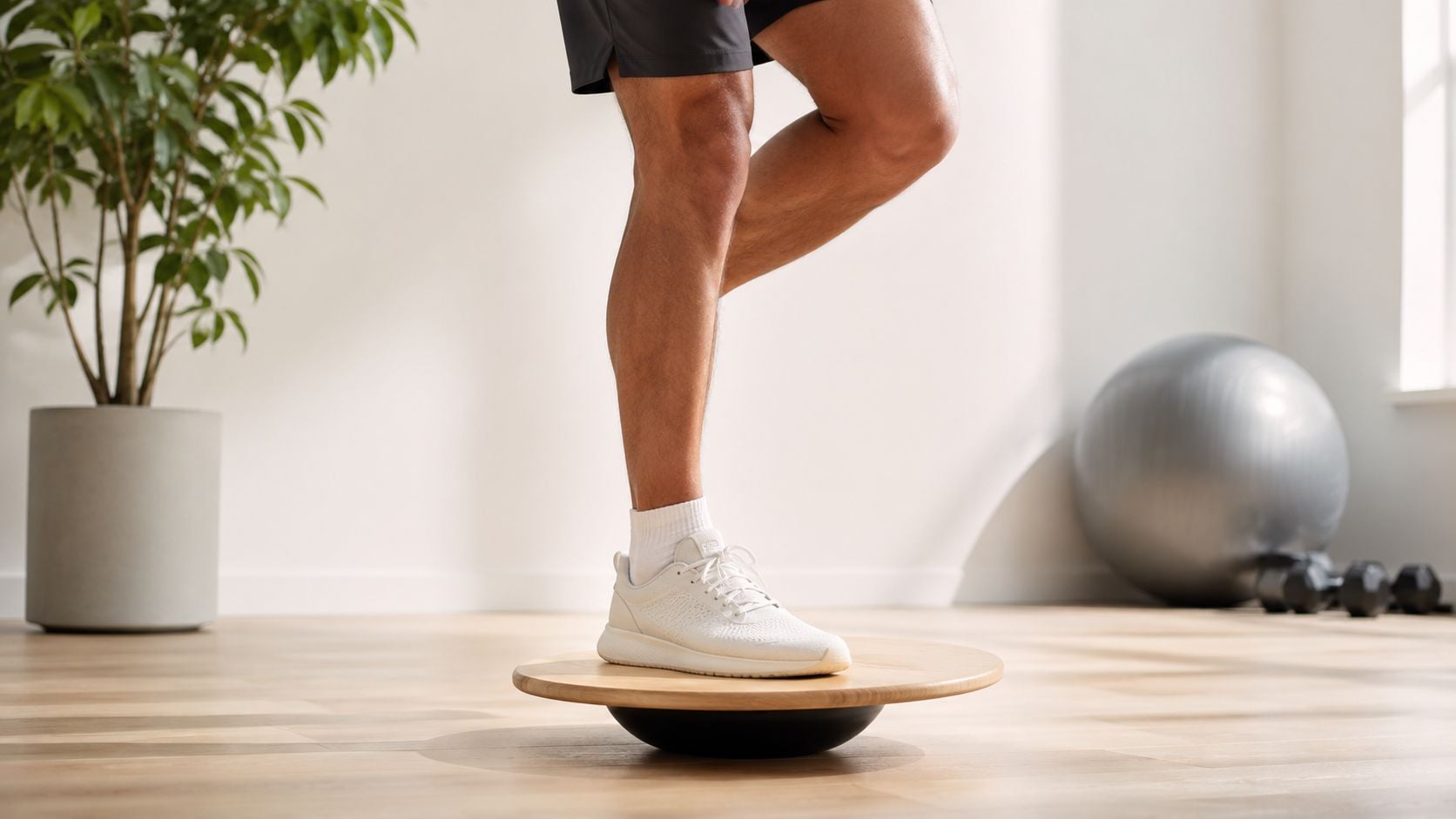 A person standing on a wooden balance board to perform ankle sprain recovery exercises indoors.