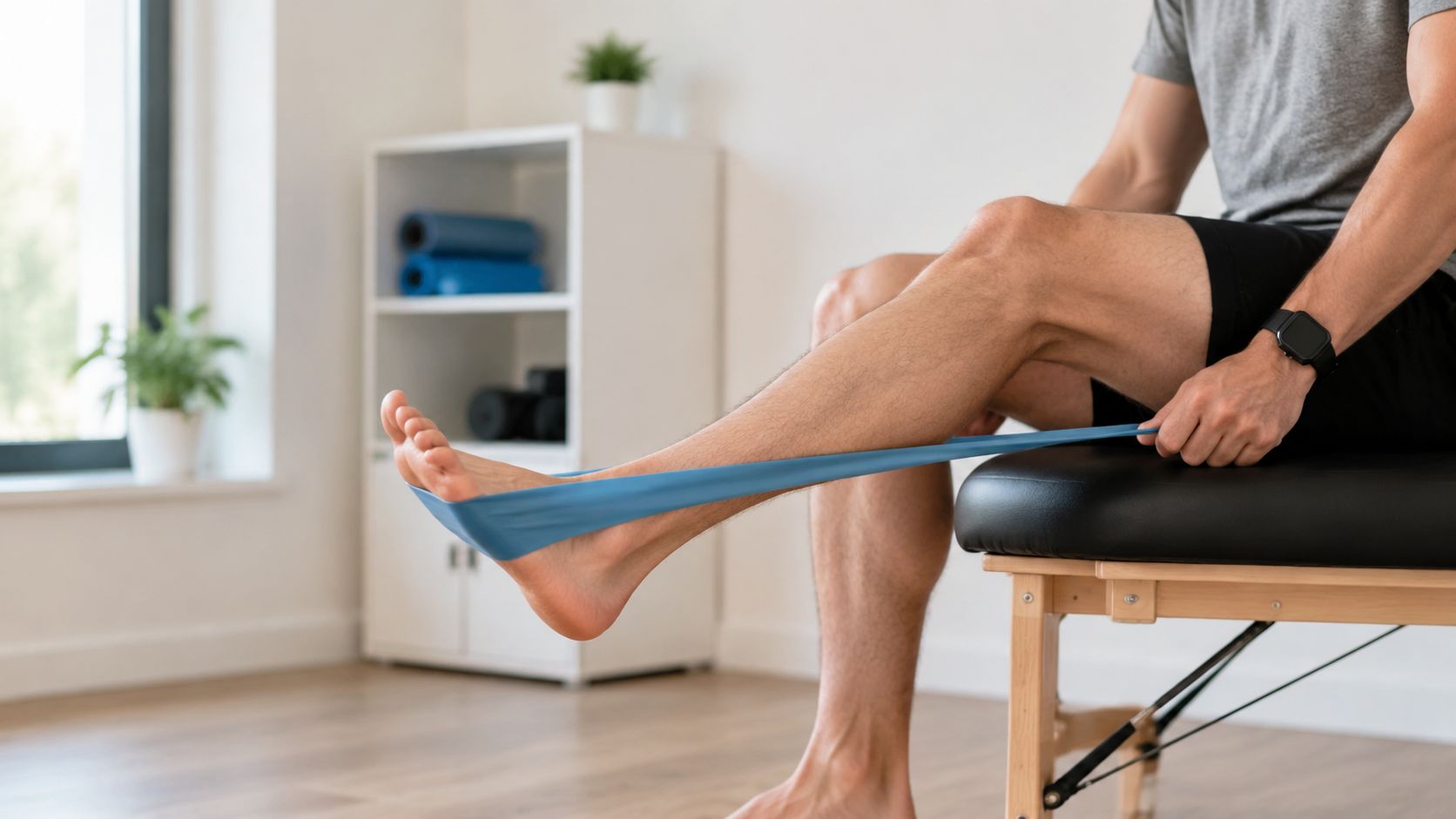 A person performing a physical therapy exercise for their ankle using a blue resistance band indoors.