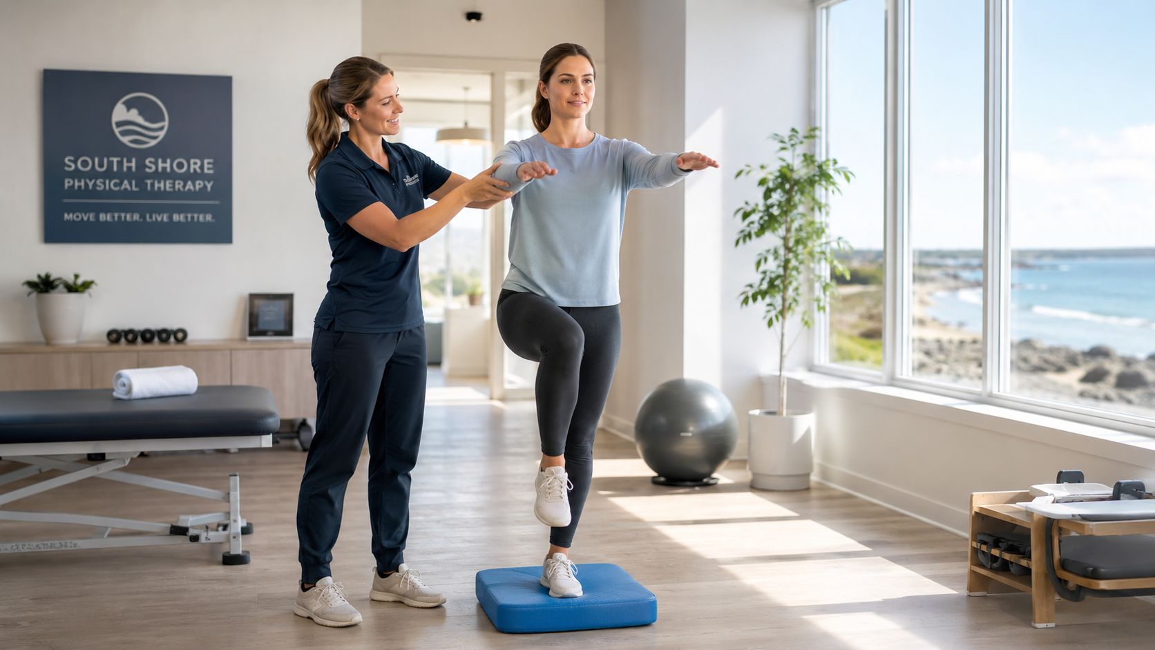 Physical therapist assisting a woman with balance exercises on a blue stability cushion in a clinic.