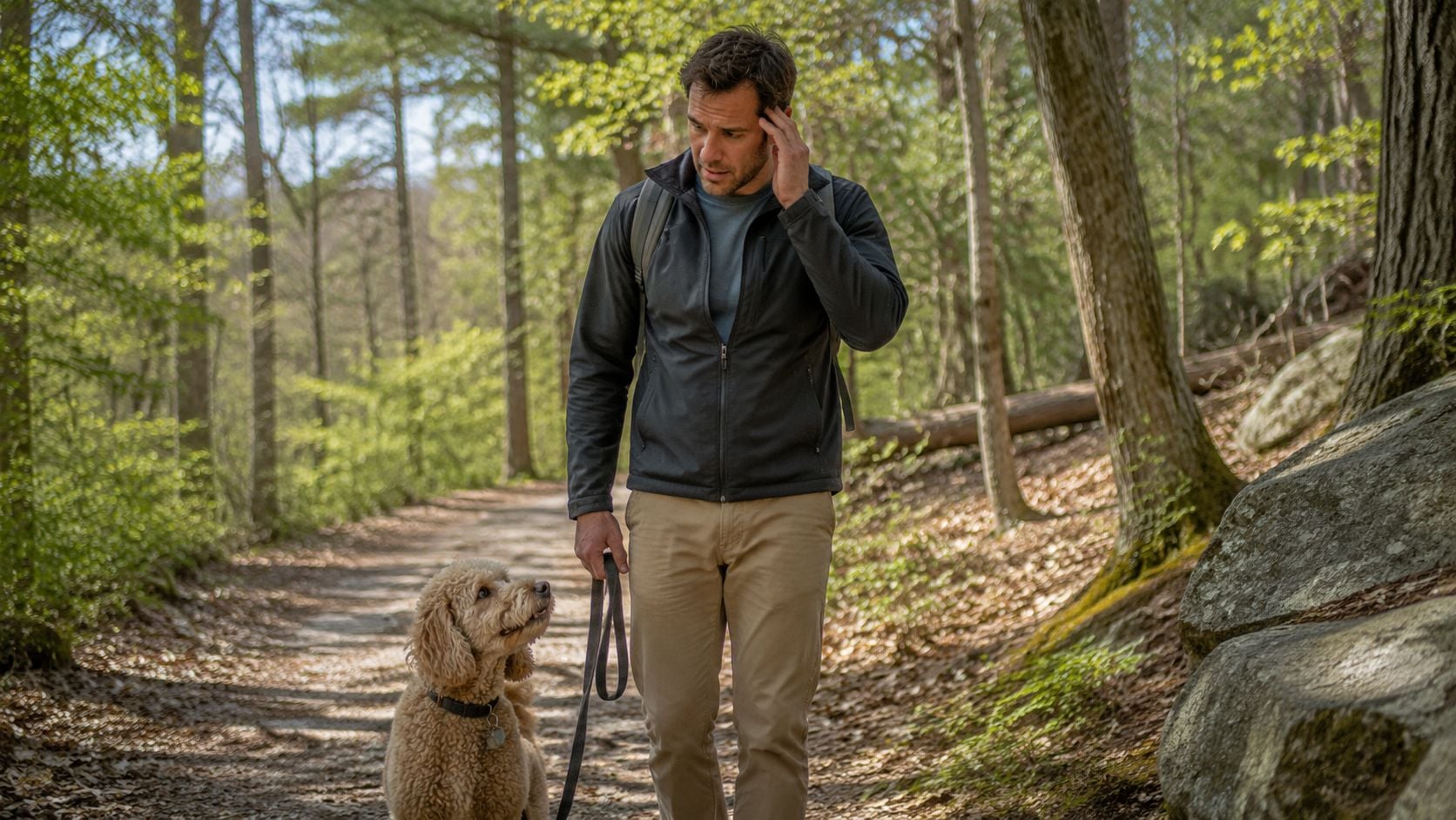 A man walking his dog on a scenic forest trail while experiencing a headache or concussion symptoms.