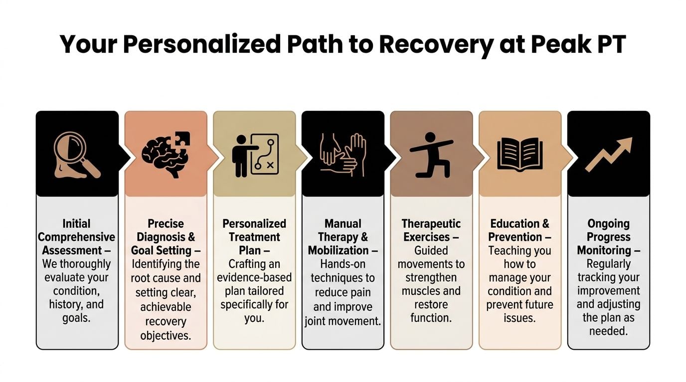 A process chart detailing the seven steps of personalized physical therapy recovery at Peak PT.