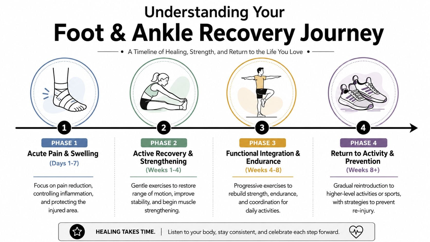 A four-phase infographic outlining a recovery timeline for foot and ankle rehabilitation from injury to full activity.