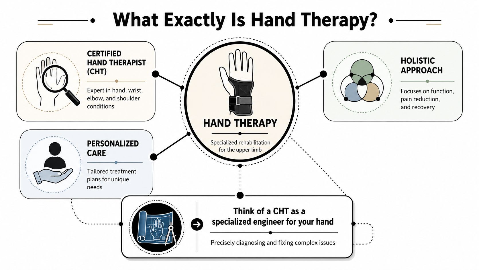 An infographic titled What Exactly Is Hand Therapy illustrating certified hand therapist roles, holistic approaches, and personalized care.