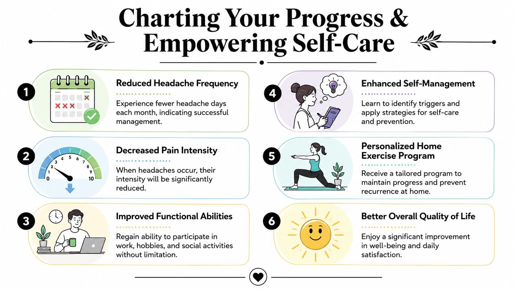 An infographic titled Charting Your Progress outlining six benefits of physical therapy for headache management and relief.