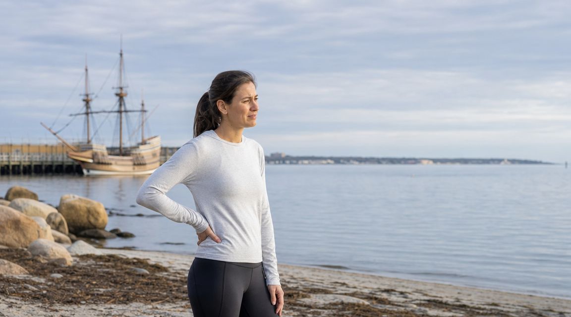 A woman standing on the beach in Plymouth, Massachusetts, experiencing discomfort and holding her hip.