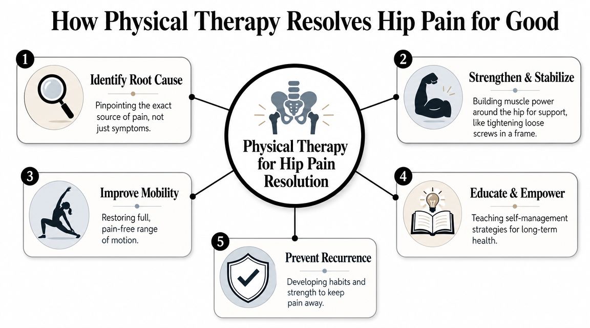 An infographic illustrating five key physical therapy steps for resolving chronic hip pain effectively and permanently.