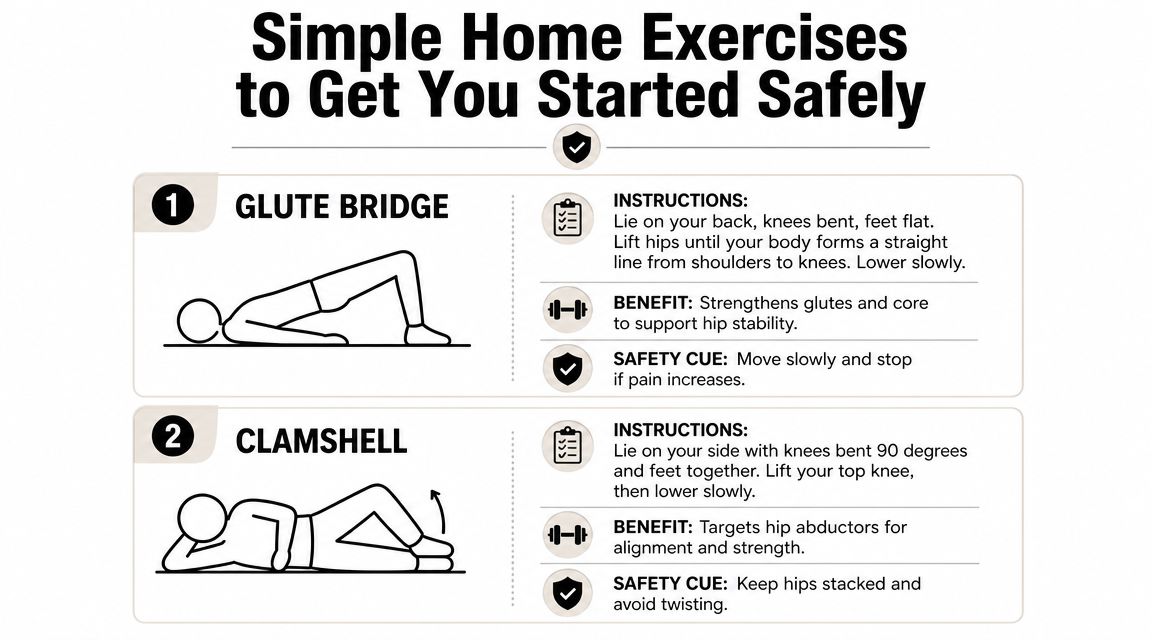 An infographic showing two simple physical therapy exercises, glute bridges and clamshells, for hip pain recovery.