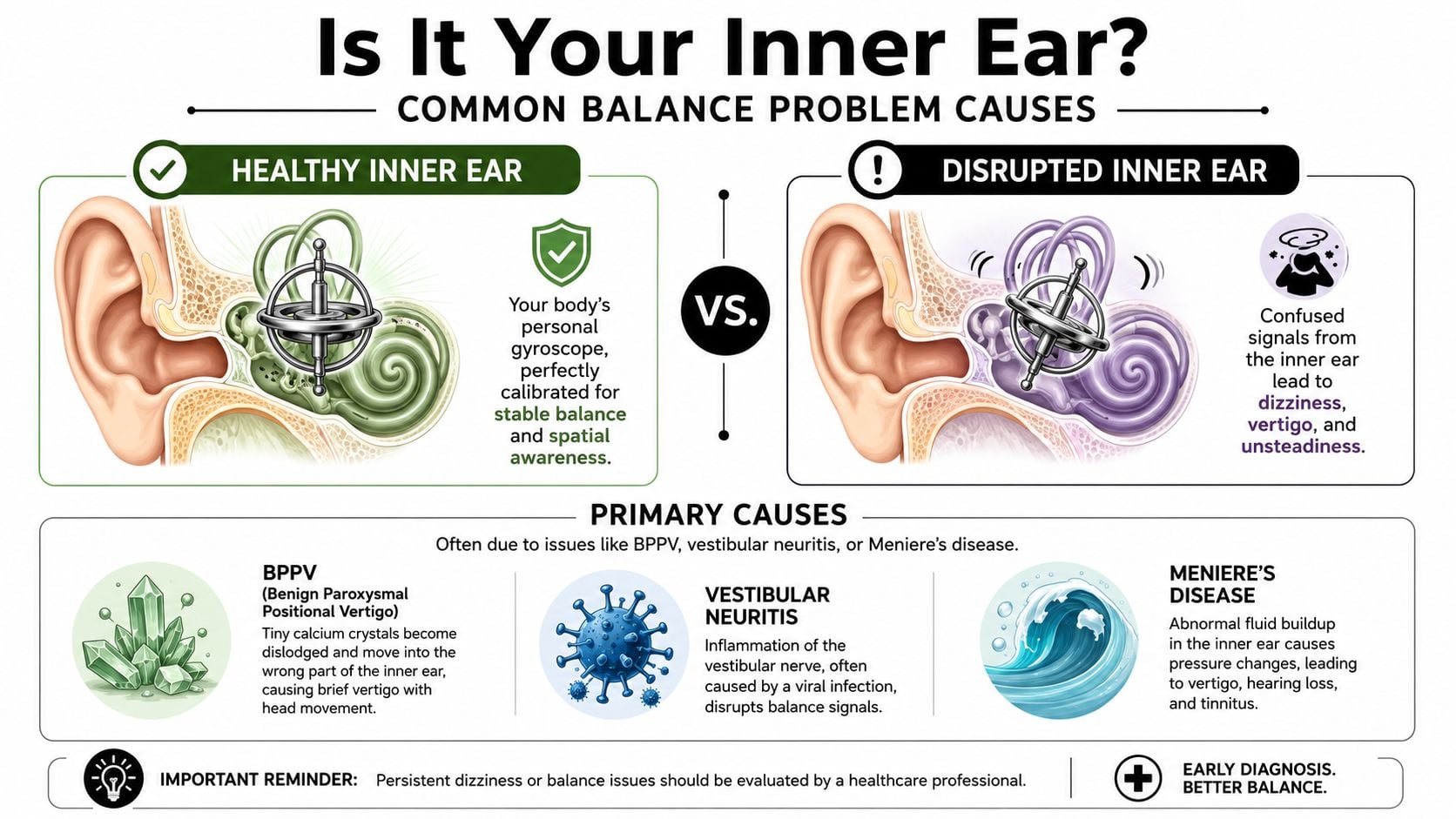 An infographic comparing a healthy inner ear to a disrupted inner ear affected by balance issues.