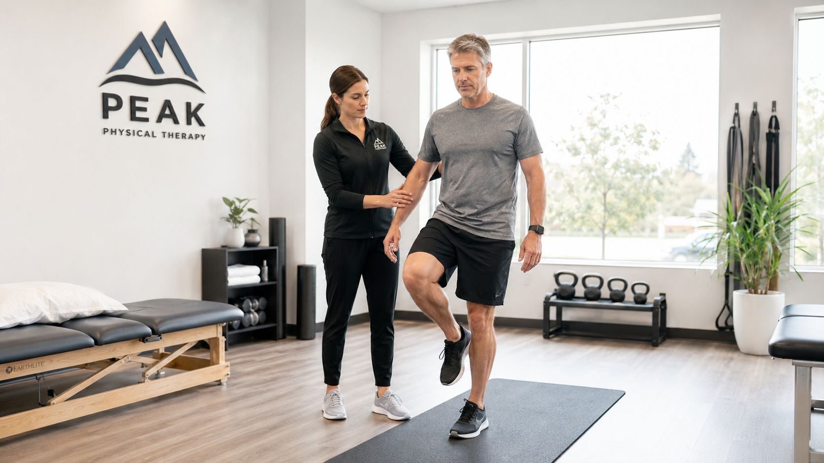 A physical therapist assists a male patient with a balance and stability exercise in a professional clinic.