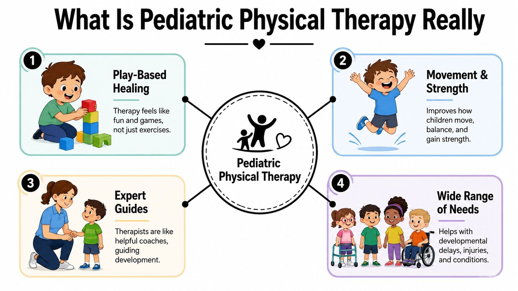 An infographic explaining pediatric physical therapy through play, movement, expert coaching, and support for diverse needs.