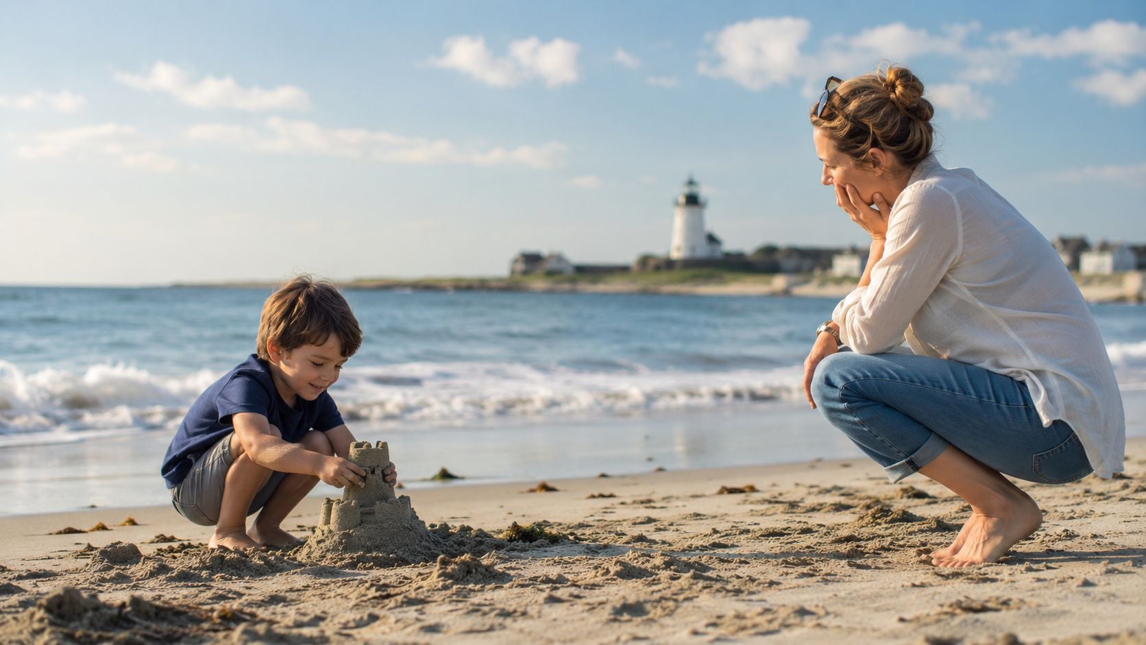 A mother watching her young son build a sandcastle on a beach with a lighthouse in background.