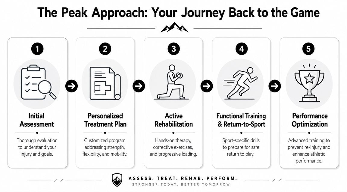 A five-step infographic showing the athlete recovery journey through physical therapy assessment, treatment, rehabilitation, training, and optimization.