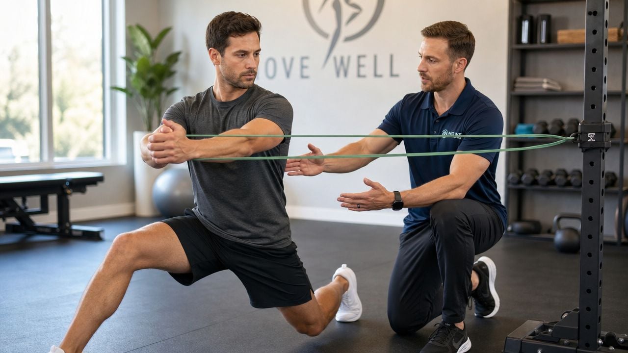 A physical therapist guiding an athlete performing a rotational resistance band exercise during a rehabilitation session.