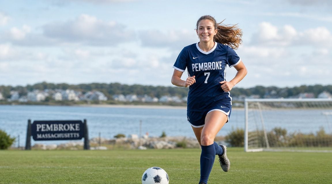 A female soccer player wearing a Pembroke jersey runs across a field with a ball.