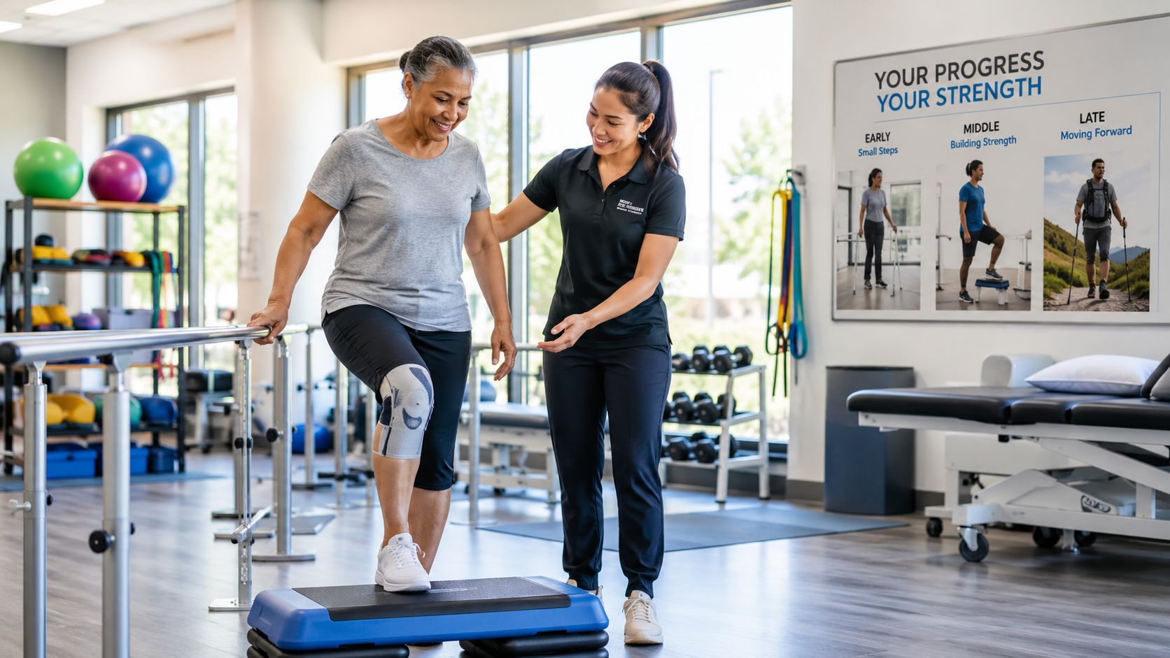 Physical therapist guiding an older woman during post surgical knee rehabilitation using a step platform.